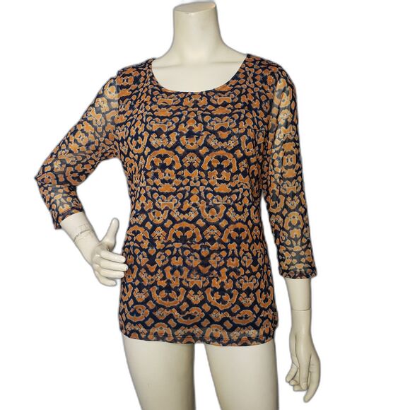 Alfani Shirt Womens Large Navy Orange Sheer Mesh 3/4 Sleeve Scoop Neck Print - Picture 1 of 7